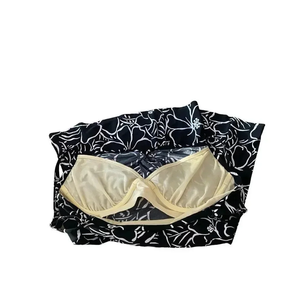 Miraclesuit Black & White Floral Cross Front Ruched Sides Tankini Top Size 14